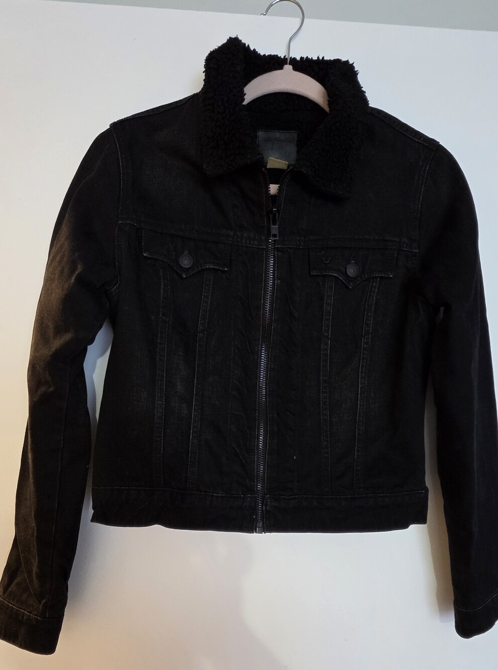 VTG 2015 True Religion Black Denim Sherpa Trucker Jacket Size M